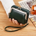 Dark green vintage PU leather clasp coin purse with zipper and handheld strap - Green