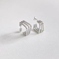 Boucles d'oreilles créoles géométriques carrées à trois couches en argent poli - Argent (PEK1583)
