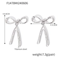 Silver bow ribbon drop earrings in titanium steel showing size and weight specs - Large 3D Bow / Steel
