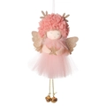 Pink angel Christmas tree ornament with pom-pom hat, sequin wings and gold bell - Pink