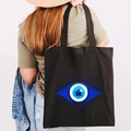 Schwarze Canvas-Tragetasche mit griechischem Evil Eye und blauem Sternenprint - Design B-Sternauge-Schwarz