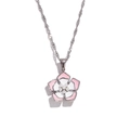 Pink and white flower petal pendant necklace with small pearls on a silver water wave chain - Pearl Enamel Floral Pendant Necklace - Steel Tone - Pink White