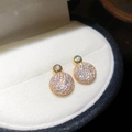 Detailed macro view of gold-plated round stud earrings with shimmering pave-set zircon stones - Real Gold Plated Silver Earring Post / Gold-Round