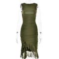 Abito midi smanicato verde aderente con arricciature e orlo a volant asimmetrico - L / Verde Militare