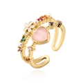 Detail of gold-plated open ring with pink heart stone, white flowers and colored zircons - Adjustable Open / Pink (13035)