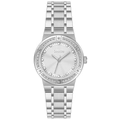 Elegant silver women's watch with rhinestone bezel and textured dial on link bracelet - Silver White Face