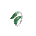 Adjustable silver ring featuring green enamel leaves in a pastoral forest style design - Leaf Design (J391-4) / Silver + Green Enamel