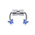 Detail view of magnetic stainless steel septum ring with a blue sequin butterfly pendant - Silver Blue Glitter Butterfly (#36)