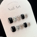 Handmade press-on nails set with star pattern and crystal diamonds in black and silver - Extra Small (XS) / Transparent Black Smudge Starburst