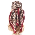 Brown leopard print silk scarf with burgundy borders styled as a headwrap - Leopard Wine Red