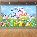 Easter backdrop with festive bunnies, colorful eggs and Happy Easter Day text - HAPPY EASTER Cartoon Background (Flower Garden Rabbit) (ED010)