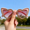 Pink heart-shaped leopard party sunglasses with rhinestone trim and gradient lenses - Pink
