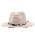 Women's beige straw panama hat with turquoise beads and wood ornaments for beach sun protection - M (56-58cm) / Nude Pink