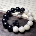 Zen style prayer bead bracelet with Tai Chi Yin Yang symbol and wooden gourd charms - White Jade Bodhi Tai Chi Style
