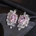 Luxury pink rectangle gemstone drop earrings with silver fringe on black stone base - Rectangular Cluster Style / Pink