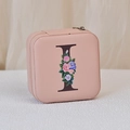 Pink PU leather travel jewelry box with zipper and floral letter I printed on top - Print I