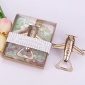 Antique bronze airplane bottle opener in a map-themed gift box for travel weddings - Boxed-Large Airplane-Gold