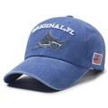 Vintage washed blue baseball cap with shark embroidery and American flag patch - Adjustable / Light Blue