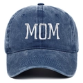 Gorra de béisbol de algodón azul lavado vintage con bordado MOM blanco vista frontal - Azul marino