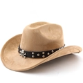Detail of tan faux suede cowboy hat featuring silver skull buckle and metal studs - M (56-58cm) / Khaki