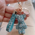 Light blue crystal encrusted bear keychain with sparkling strap and rose gold clasp - Sky Blue Mix