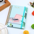 A6 spiral notebook in light blue featuring a record player design and green elastic band - Home Life - Blue