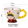 400ml creative ceramic mug with hand-painted girl and bear, yellow wavy handle design - Hairpin Girl - Yellow Handle