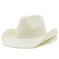 Classic cream-white woven straw cowboy hat with stylishly upturned brim on white background - M (56-58cm) / Cream