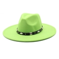 Detail of neon green wool fedora with black leather band and silver diamond rivets - M (56-58cm) / Fruit Green
