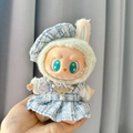 Plush Labubu doll outfit featuring a light green hat and blue tweed plaid overall dress - Small Lan Nini / First And Second Generation Keychains Are Compatible With La Cloth Dolls. Dolls Not Included.