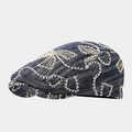 Vintage denim beret hat with white embroidery and golden sequins for women and men - One Size / Dark Blue