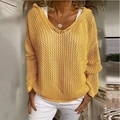 Women's yellow loose knit hooded pullover with airy mesh texture and V-neckline - S / Yellow