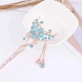 Rose gold hair pin with blue butterfly and flower pendants featuring dangling tassels - Rose Gold Blue Butterfly Flower Tassel (FZ035)