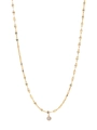 Detailed view of a gold-layered necklace with a round clear stone pendant on white background - Gold Lip Chain + Zircon
