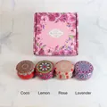 Scented soy candle gift set with four mandala pattern tins in a pink floral box - Floral Style D (Coco/Lemon/Rose/Lavender)