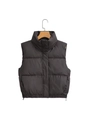 Fashionable charcoal black cropped puffer vest with stand collar and zipper detail - Dark Brown