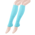 Close-up of turquoise knitted leg warmers with vertical ribbed texture on a model - Sky Blue
