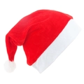 Detail der roten Plüsch-Weihnachtsmütze mit weißem Pelzbesatz und flauschigem Bommel - Roter Goldsamt (Vliesstoffbesatz)