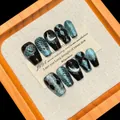 Handmade 3D moon press-on nails with blue cat eye and black serpent art in trapezoid shape - XS / 2494 Short Trapezoid