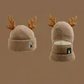 Earthy brown knitted winter hat with reindeer antlers and integrated warm neck warmer scarf - 4481-Dual Use Antler Style / Khaki
