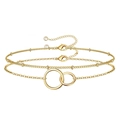 Detail of gold double-layer chain bracelet featuring interlocking rings and beads - Gold Interlocking Circles Double-layer Bracelet (0176)