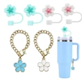 Detail of floral silicone straw covers and butterfly charms on blue tumbler cup - Blue White Sakura Set
