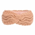 Detail of warm cable knit headband featuring thick pink fleece lining and khaki exterior - Dusky Pink