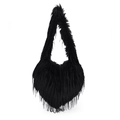 Borsa a spalla a forma di cuore in pelliccia sintetica nera con frange stile punk - Nero