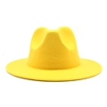 Detail view of bright yellow wool felt fedora with a wide brim and classic crown design - M (56-58cm) / Yellow