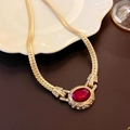 Vintage gold necklace with red oval gemstone and crystals in butterfly style - 69# Necklace - Gold - Vintage Red Gemstone Rhinestone