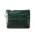 Dark green genuine leather coin purse with triple zipper pockets and metal keychain - Dark Green