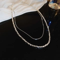 Collier double rang argenté avec pampilles, perles et maille carrée texturée élégante - Collier Chaîne Carrée Texturée Double Couche (3# Argent)