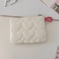 Cream white quilted mini pouch with heart patterns and a pink knot zipper pull - Heart Quilted Cream White Coin Purse