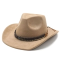 Sombrero vaquero étnico de ante camello con banda de cuero trenzado y adorno de ojo azul - M (56-58cm) / Camel (Gamuza)